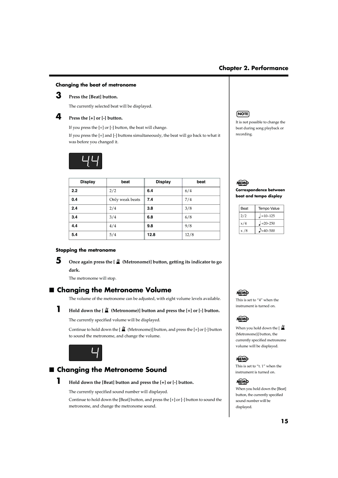 Roland HP-2 owner manual Changing the Metronome Volume, Changing the Metronome Sound, Changing the beat of metronome 