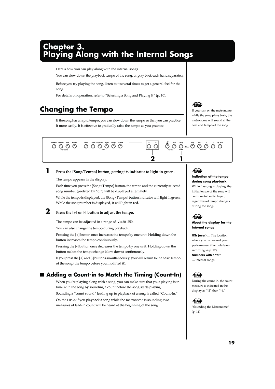 Roland HP-2 owner manual Changing the Tempo, Adding a Count-in to Match the Timing Count-In 