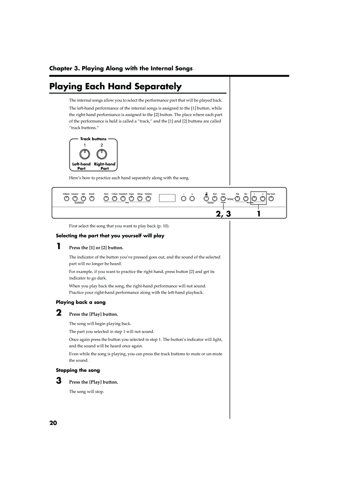 Roland HP-2 Playing Each Hand Separately, Selecting the part that you yourself will play, Press the 1 or 2 button 