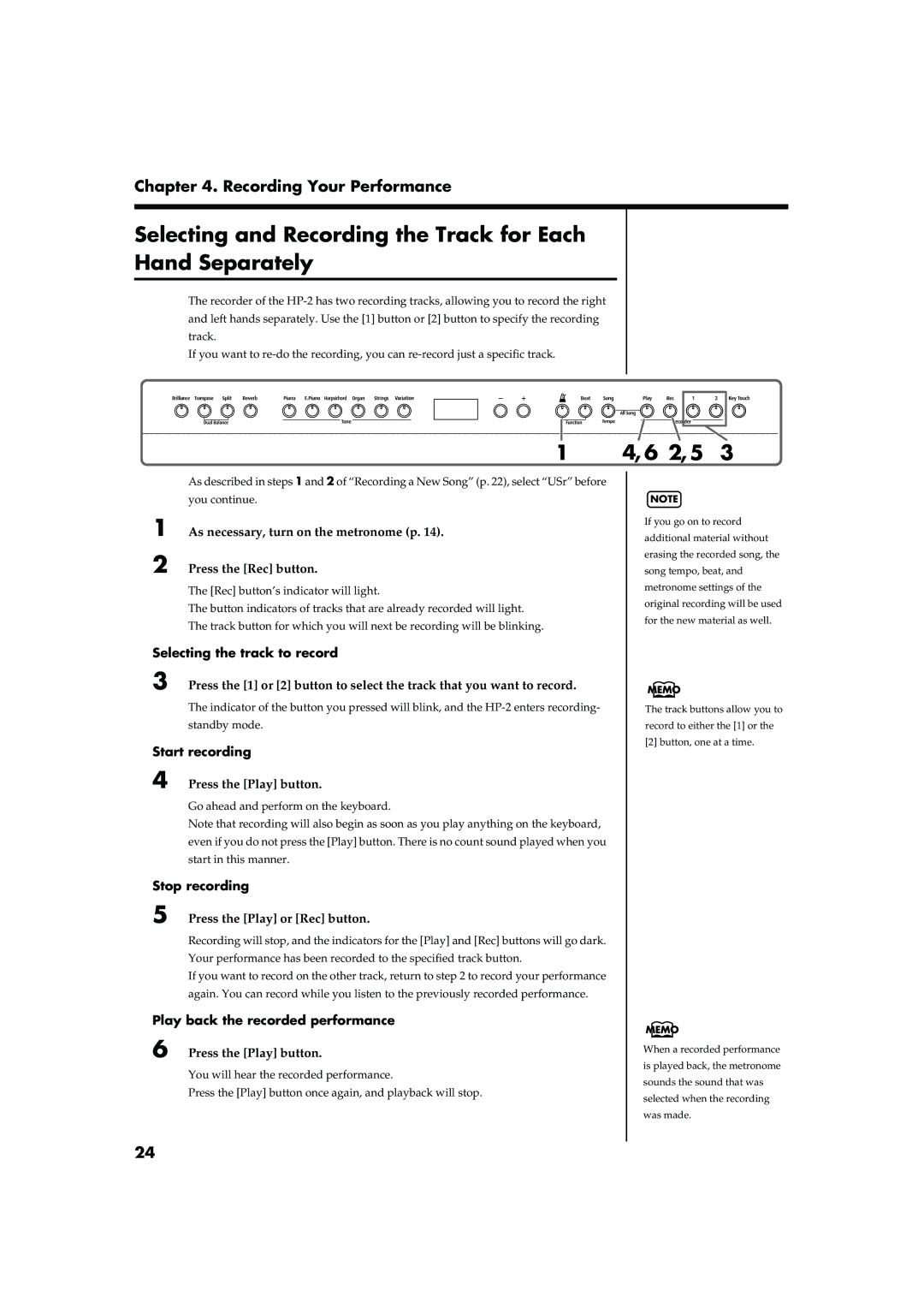 Roland HP-2 owner manual Selecting and Recording the Track for Each Hand Separately 