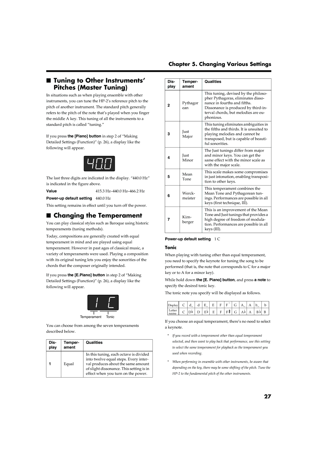 Roland HP-2 owner manual Tuning to Other Instruments’ Pitches Master Tuning, Changing the Temperament, Tonic 