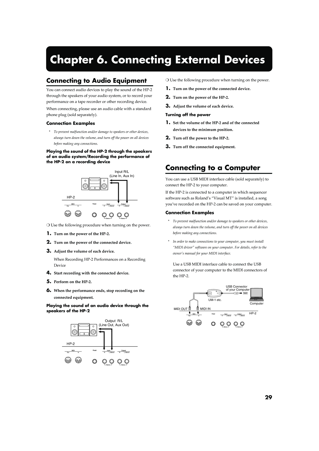 Roland HP-2 Connecting External Devices, Connecting to a Computer, Connecting to Audio Equipment, Connection Examples 