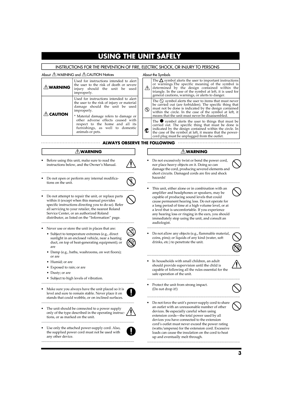 Roland HP-2 owner manual Protect the unit from strong impact. Do not drop it 