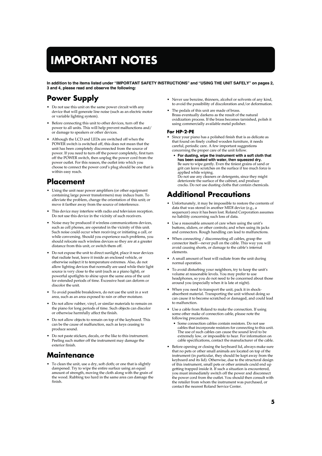 Roland owner manual Power Supply, Placement, Maintenance, Additional Precautions, For HP-2-PE 