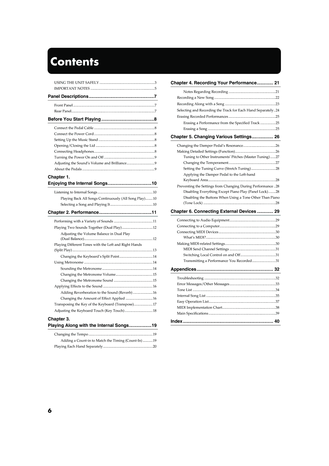 Roland HP-2 owner manual Contents 