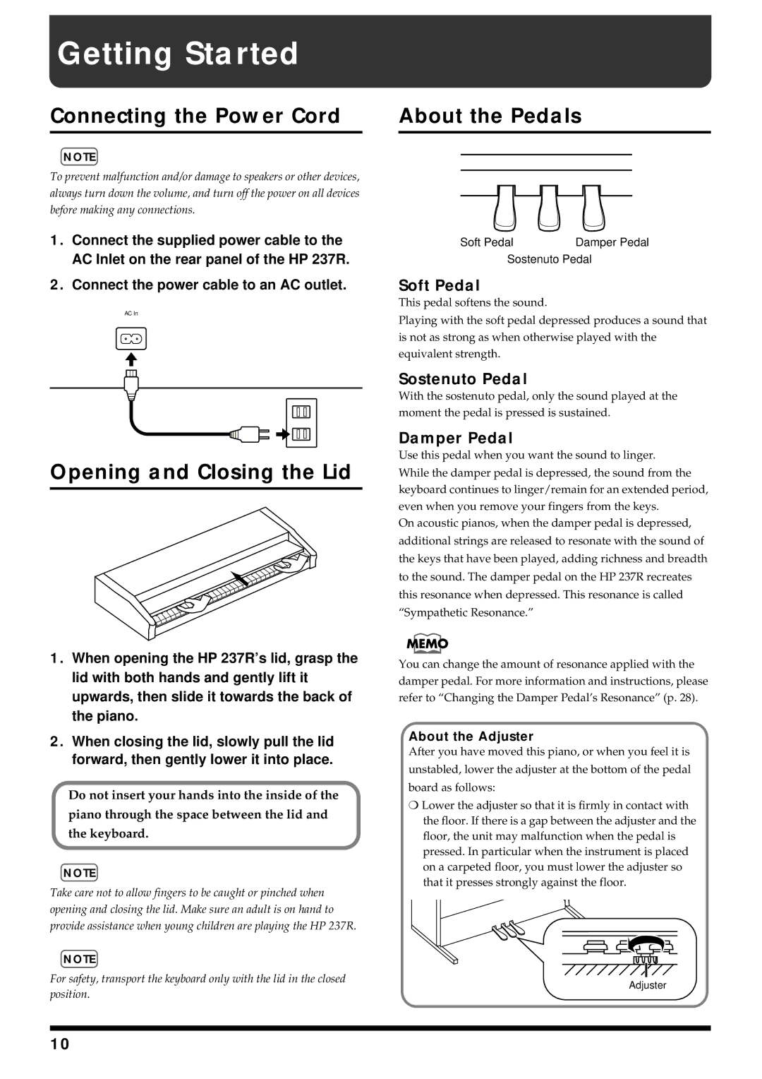 Roland HP 237R owner manual Getting Started, Connecting the Power Cord, Opening and Closing the Lid, About the Pedals 