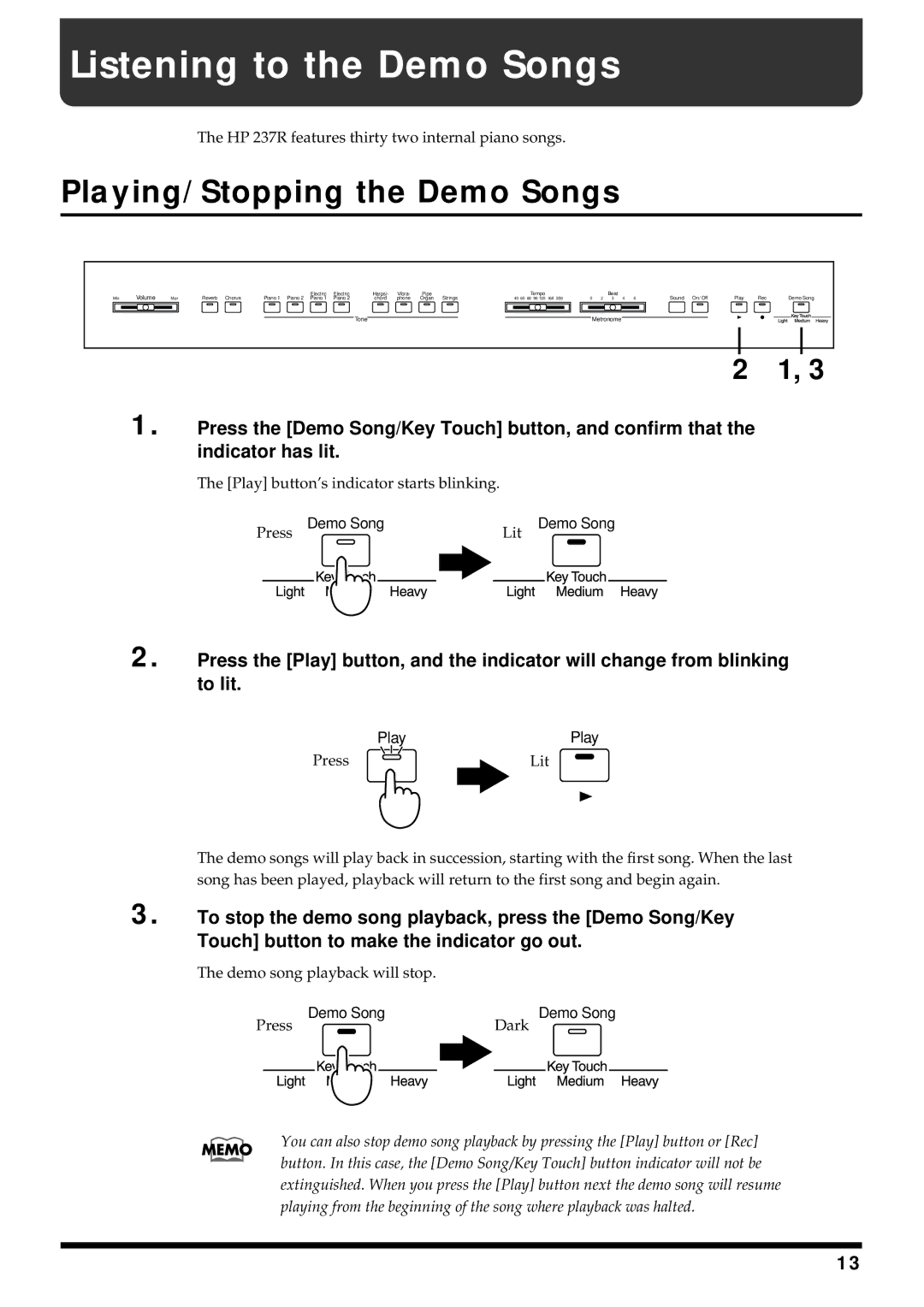 Roland HP 237R owner manual Listening to the Demo Songs, Playing/Stopping the Demo Songs 