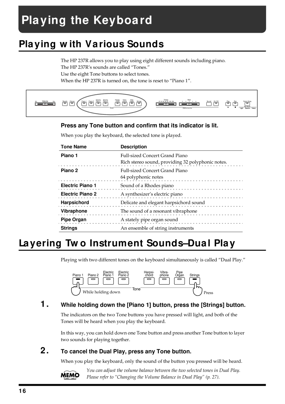 Roland HP 237R owner manual Playing the Keyboard, Playing with Various Sounds, Layering Two Instrument Sounds-Dual Play 