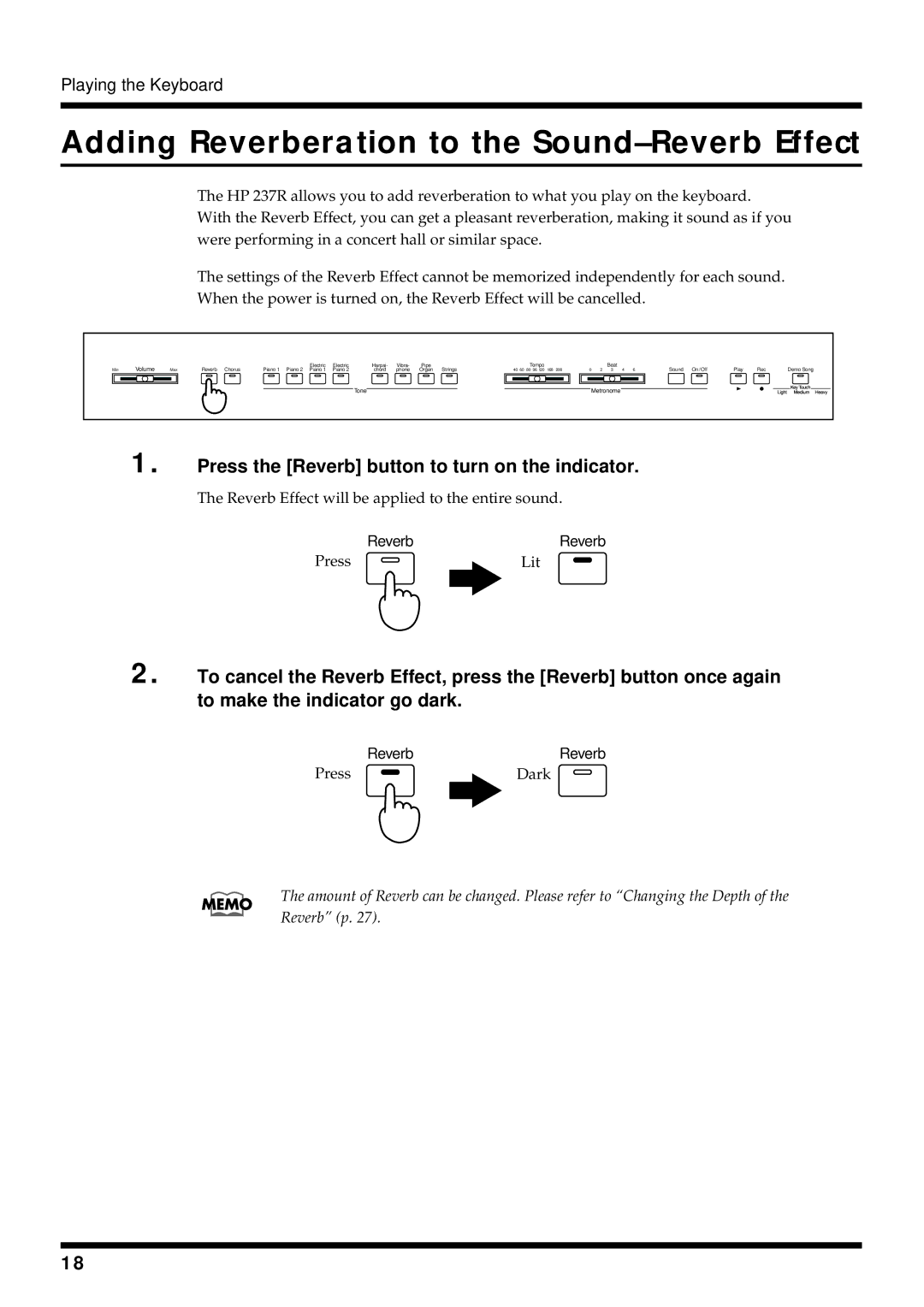 Roland HP 237R Adding Reverberation to the Sound-Reverb Effect, Press the Reverb button to turn on the indicator 