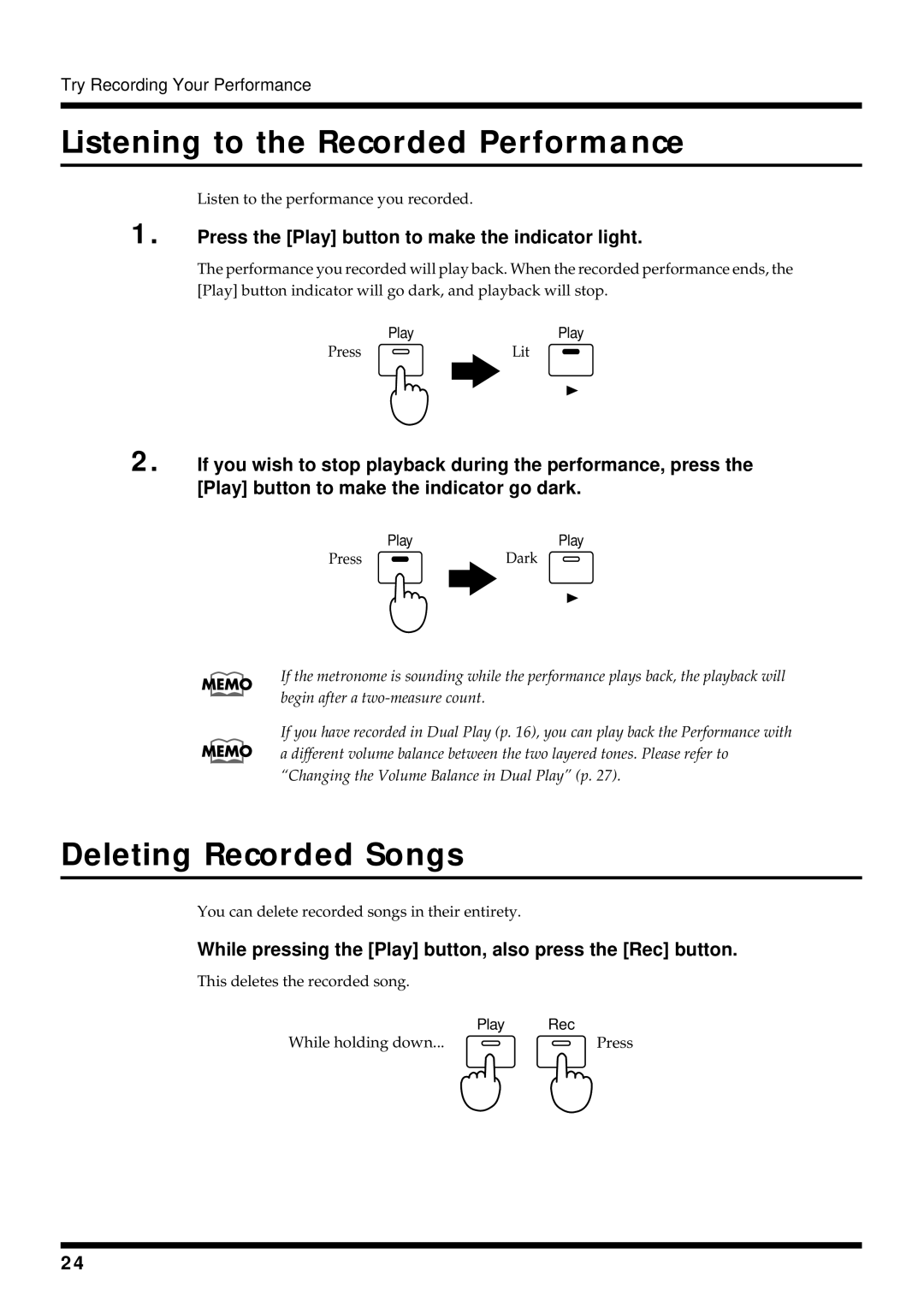 Roland HP 237R owner manual Listening to the Recorded Performance, Deleting Recorded Songs 