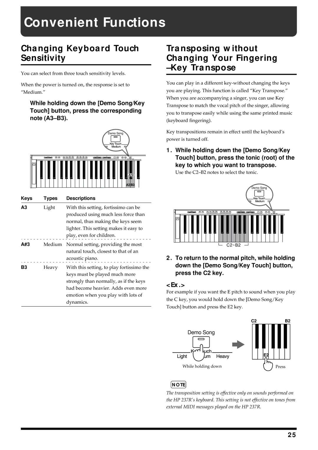 Roland HP 237R owner manual Convenient Functions, Changing Keyboard Touch Sensitivity 