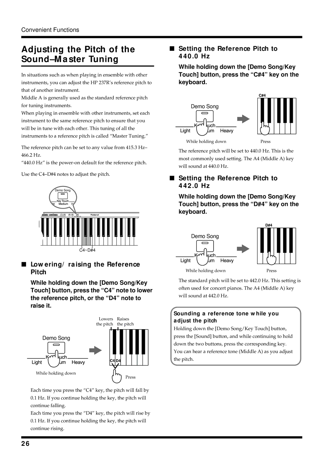 Roland HP 237R owner manual Adjusting the Pitch of the Sound-Master Tuning, Setting the Reference Pitch to 442.0 Hz 