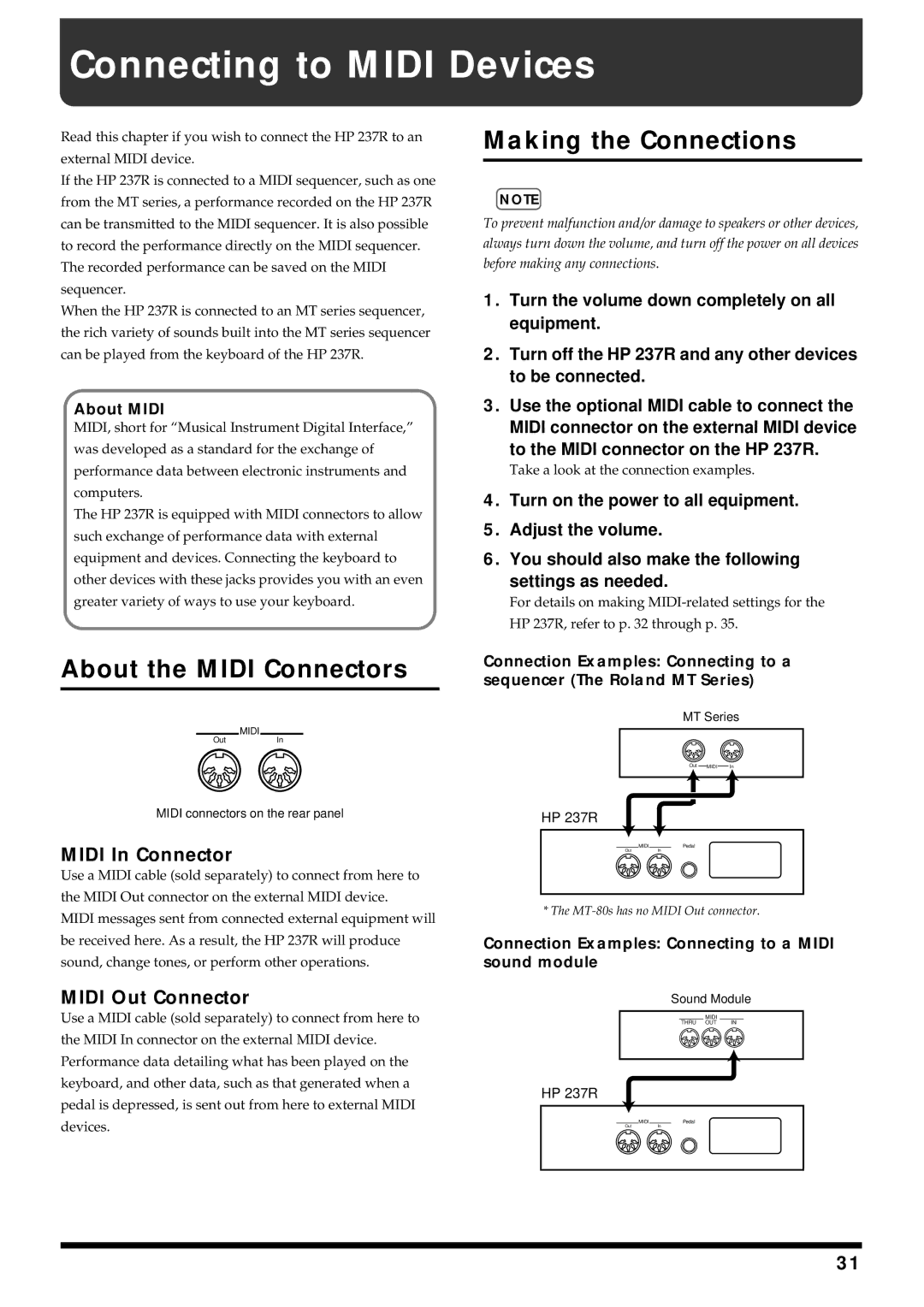 Roland HP 237R Connecting to Midi Devices, Making the Connections, About the Midi Connectors, Midi In Connector 