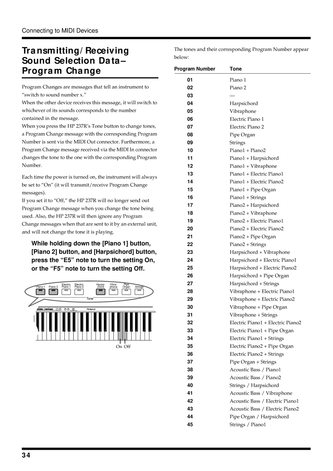 Roland HP 237R owner manual Transmitting/Receiving Sound Selection Data Program Change, Program Number Tone 