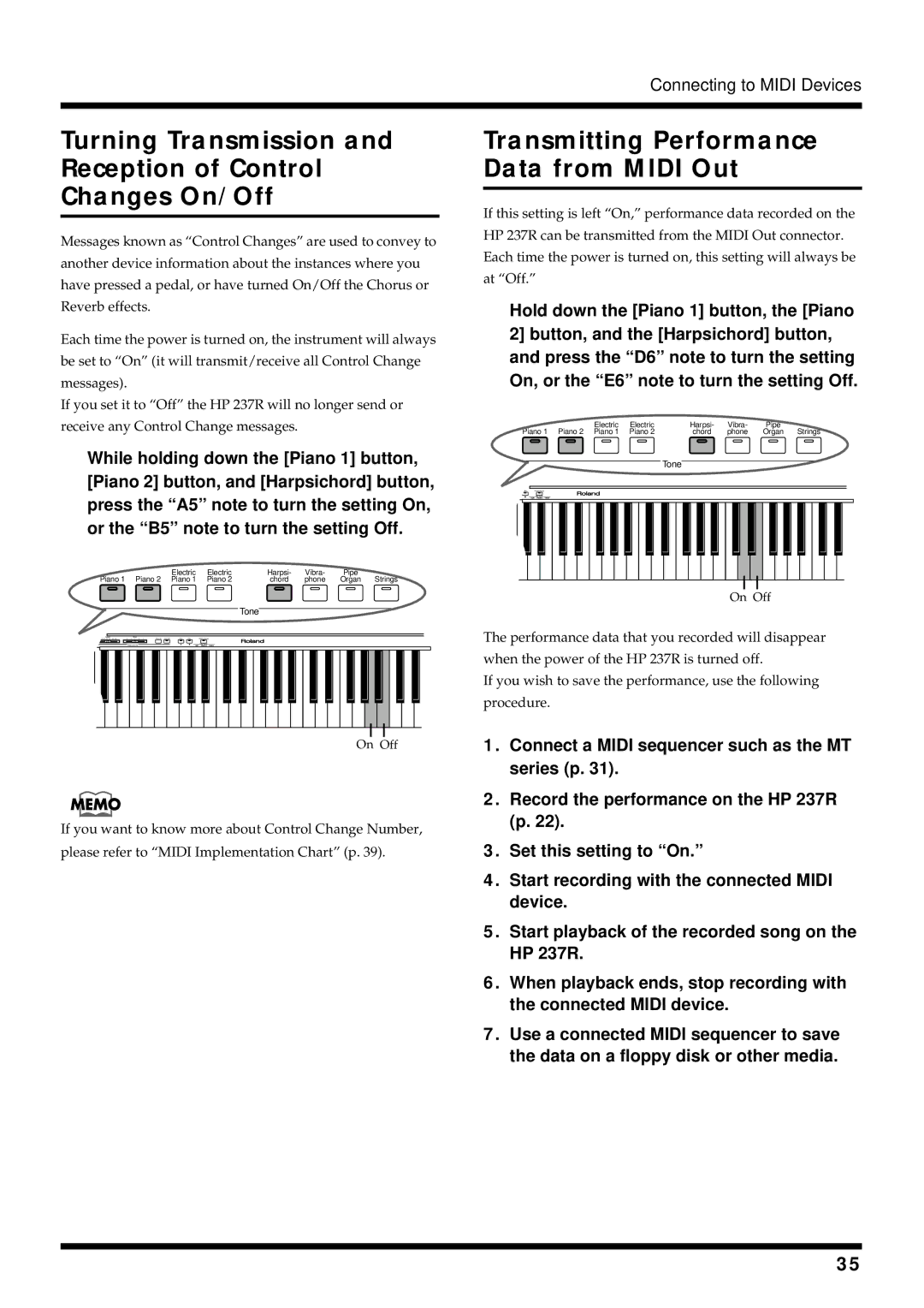 Roland HP 237R Turning Transmission Reception of Control Changes On/Off, Transmitting Performance Data from Midi Out 