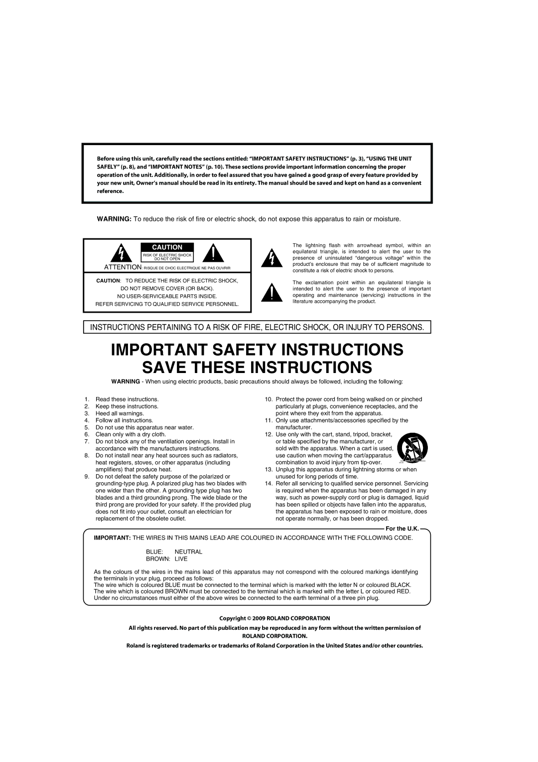 Roland HP-307 important safety instructions Important Safety Instructions 