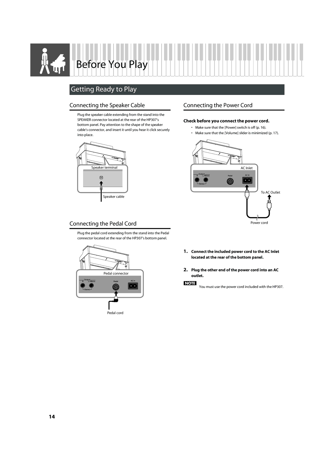 Roland HP-307 Before You Play, Getting Ready to Play, Connecting the Speaker Cable, Connecting the Pedal Cord 