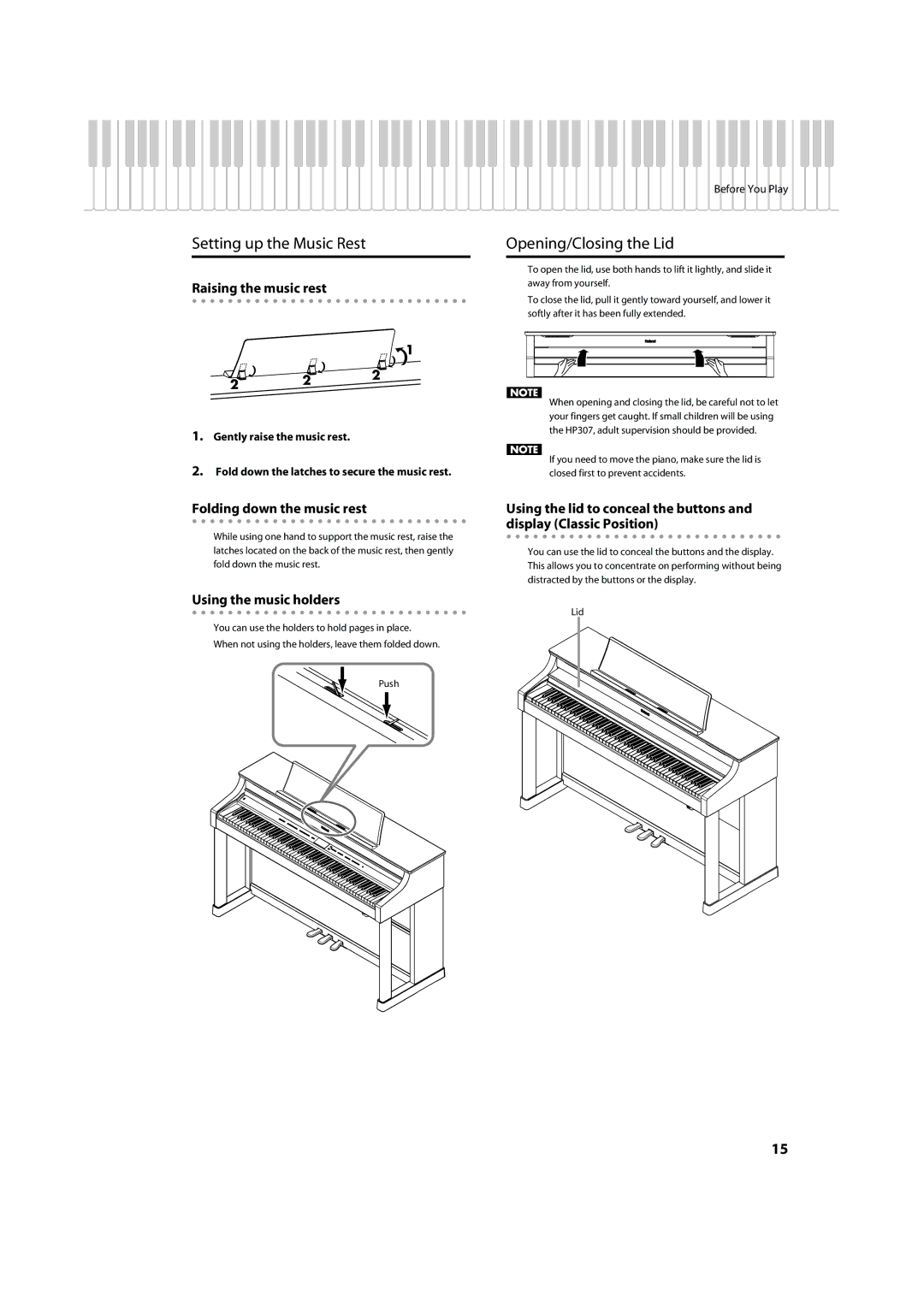 Roland HP-307 Setting up the Music Rest, Opening/Closing the Lid, Raising the music rest, Folding down the music rest 