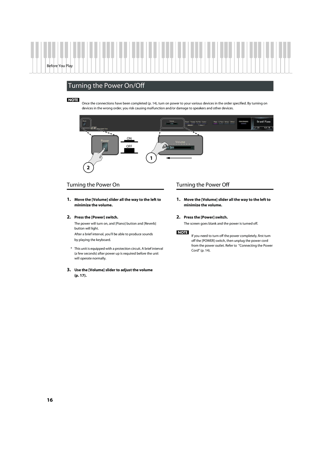 Roland HP-307 Turning the Power On/Off, Turning the Power Off, Use the Volume slider to adjust the volume p 