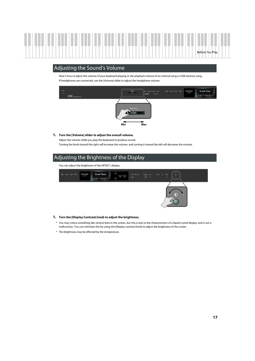 Roland HP-307 important safety instructions Adjusting the Sound’s Volume, Adjusting the Brightness of the Display 