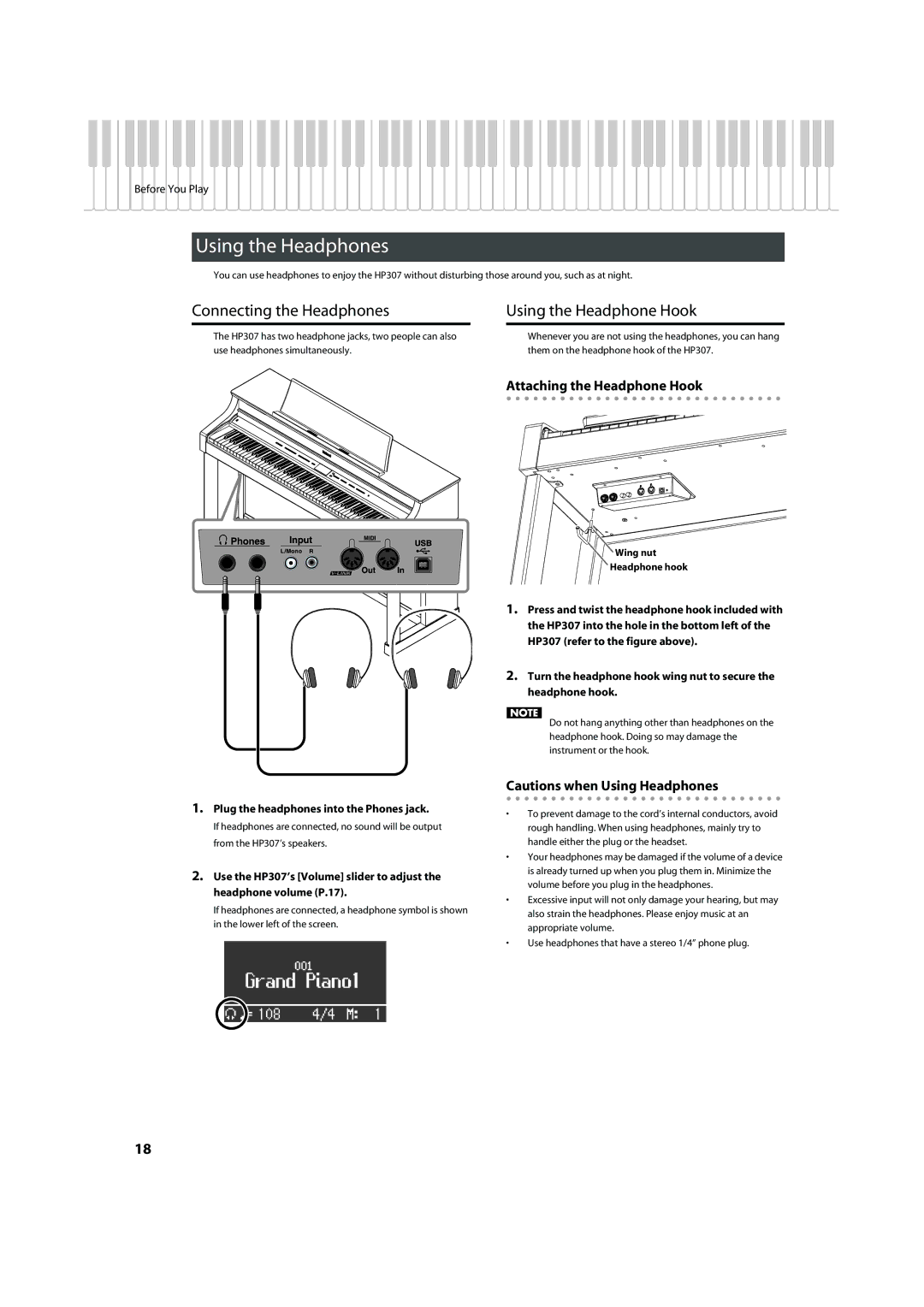 Roland HP-307 Using the Headphones, Connecting the Headphones Using the Headphone Hook, Attaching the Headphone Hook 