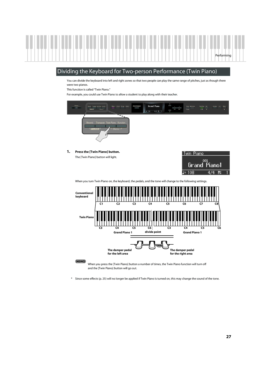 Roland HP-307 Dividing the Keyboard for Two-person Performance Twin Piano, Press the Twin Piano button, Damper pedal 