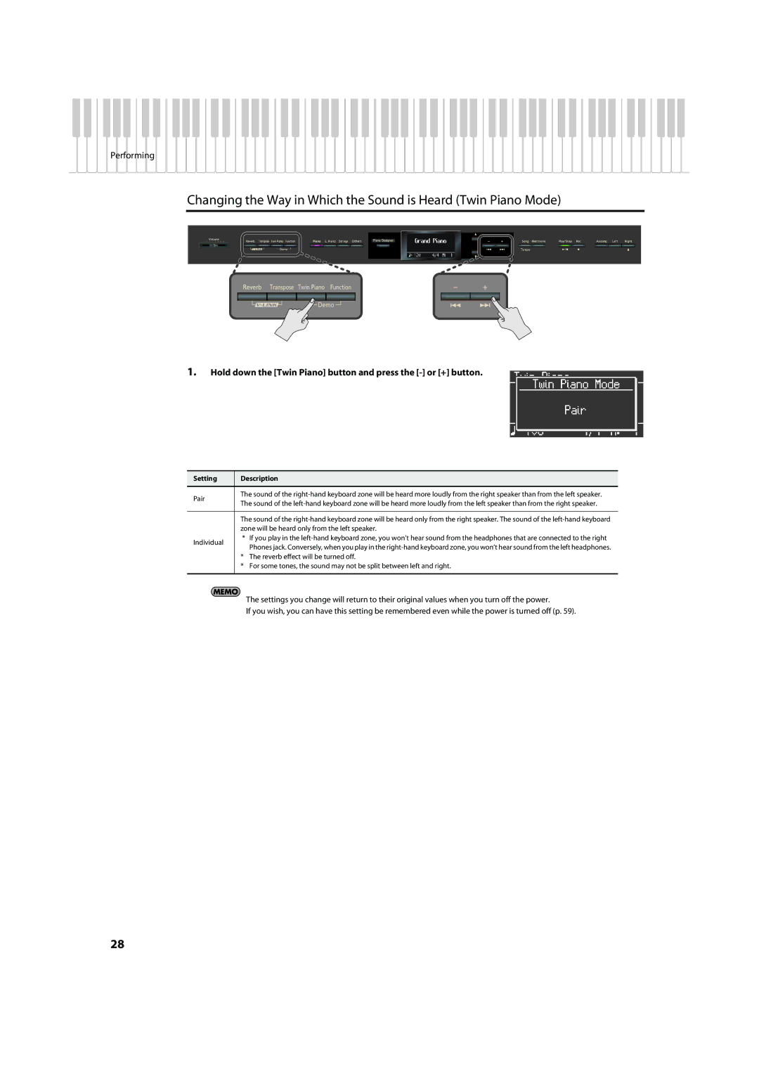 Roland HP-307 important safety instructions Hold down the Twin Piano button and press the or + button, Setting Description 