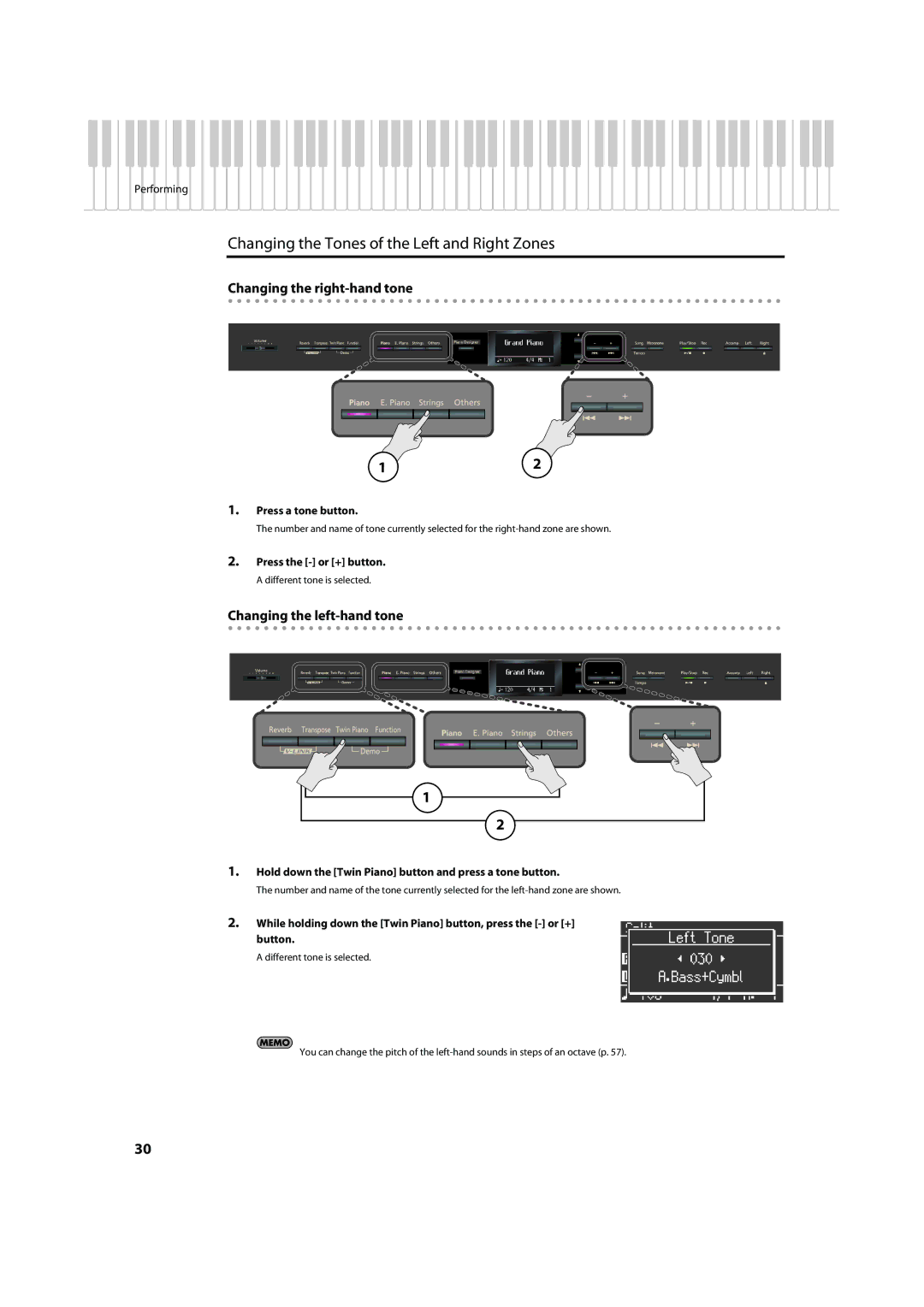 Roland HP-307 Changing the Tones of the Left and Right Zones, Changing the right-hand tone, Changing the left-hand tone 