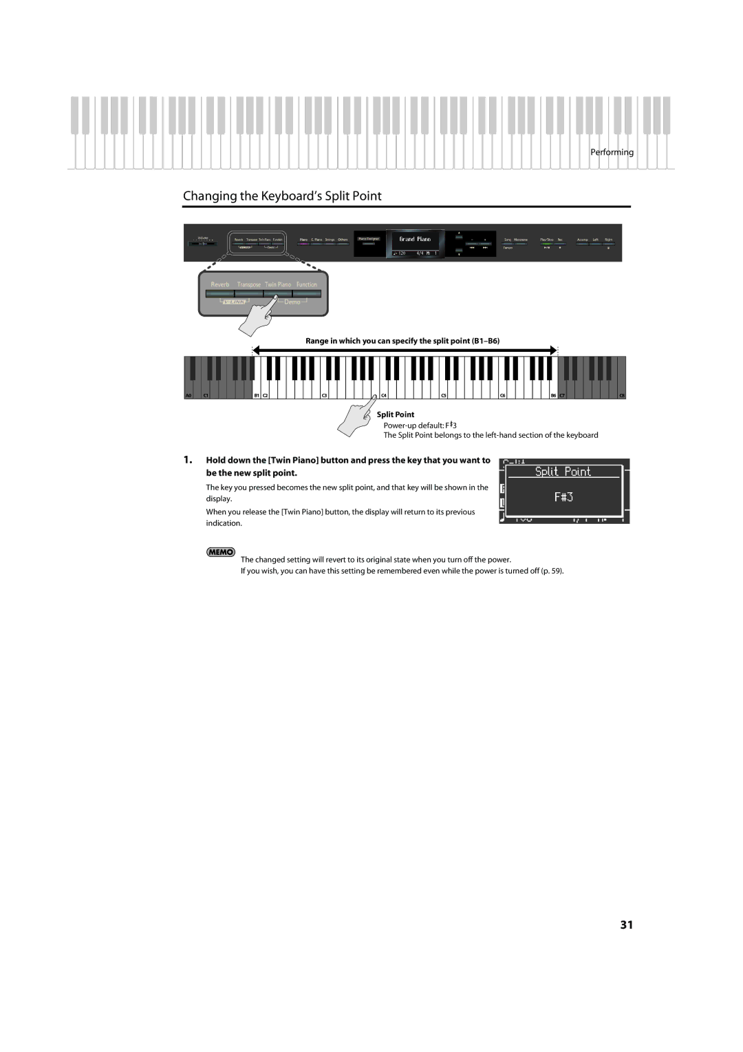 Roland HP-307 important safety instructions Changing the Keyboard’s Split Point 