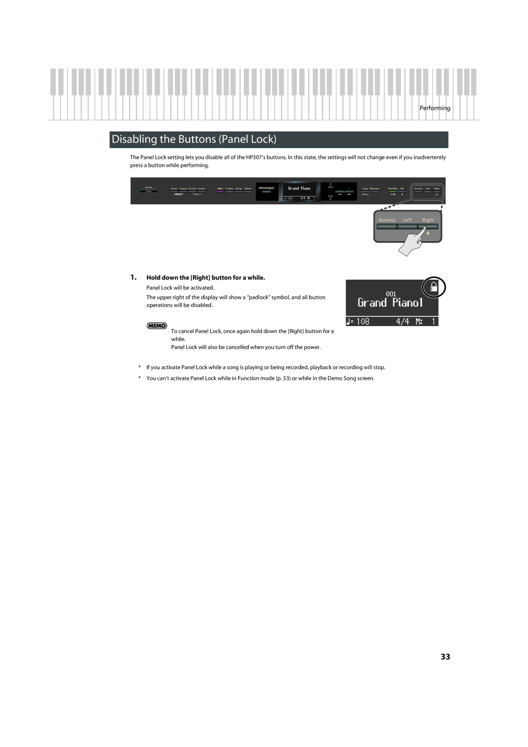 Roland HP-307 important safety instructions Disabling the Buttons Panel Lock, Hold down the Right button for a while 