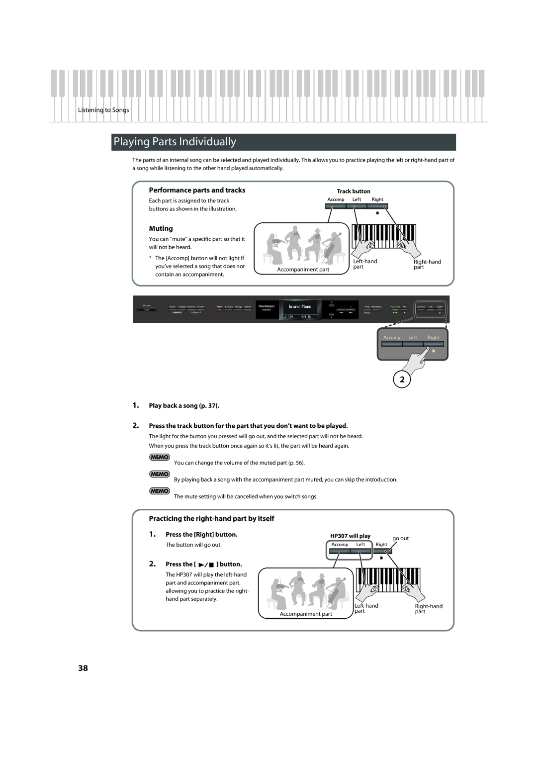 Roland HP-307 important safety instructions Playing Parts Individually, Performance parts and tracks, Muting 