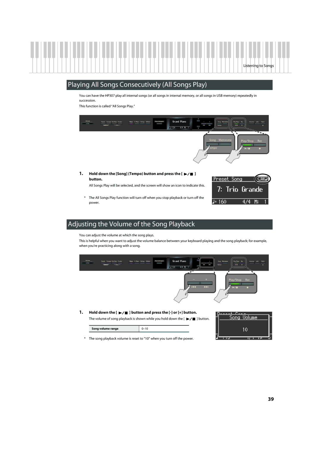 Roland HP-307 Playing All Songs Consecutively All Songs Play, Adjusting the Volume of the Song Playback, Song volume range 