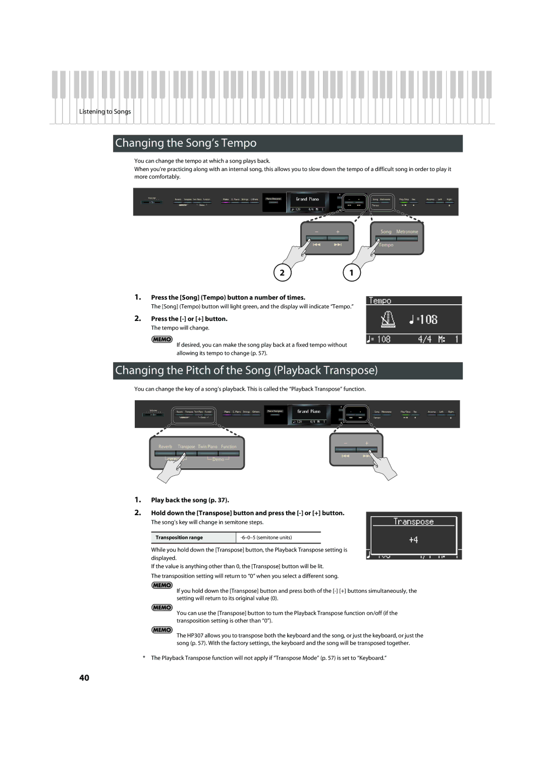 Roland HP-307 important safety instructions Changing the Song’s Tempo, Changing the Pitch of the Song Playback Transpose 