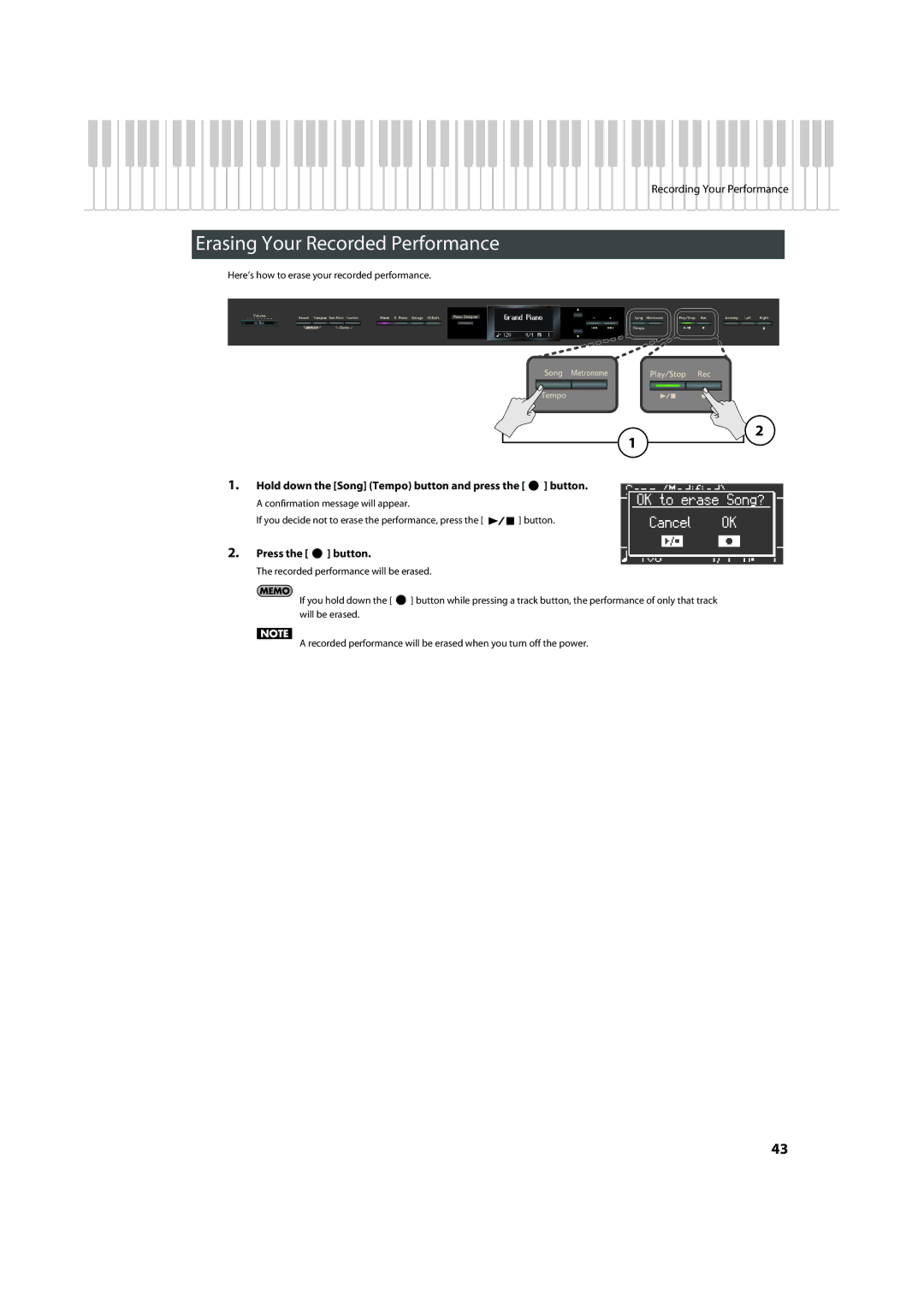 Roland HP-307 Erasing Your Recorded Performance, Hold down the Song Tempo button and press the button 