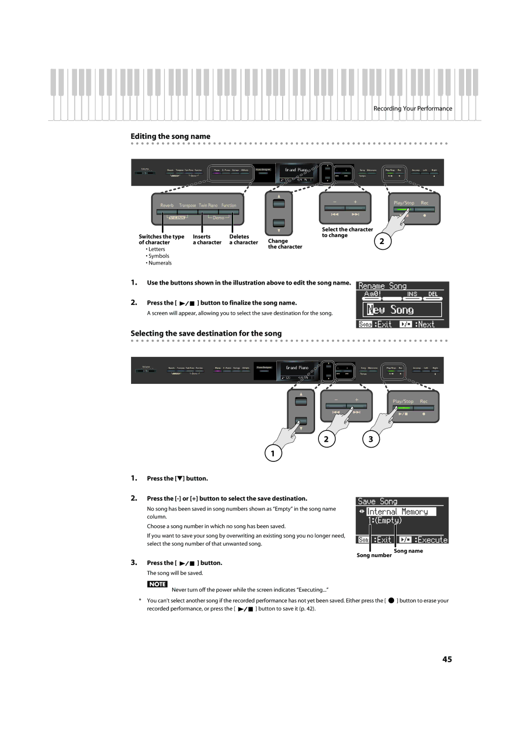 Roland HP-307 important safety instructions Editing the song name, Selecting the save destination for the song, Character 