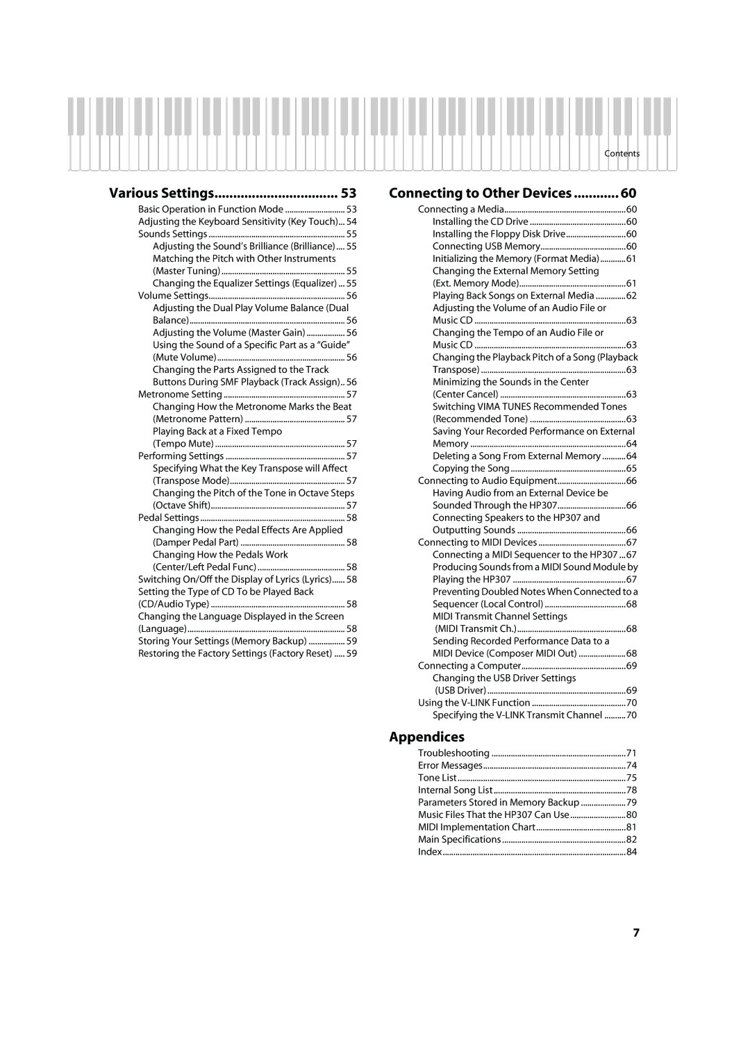 Roland HP-307 important safety instructions Various Settings Connecting to Other Devices, Contents 