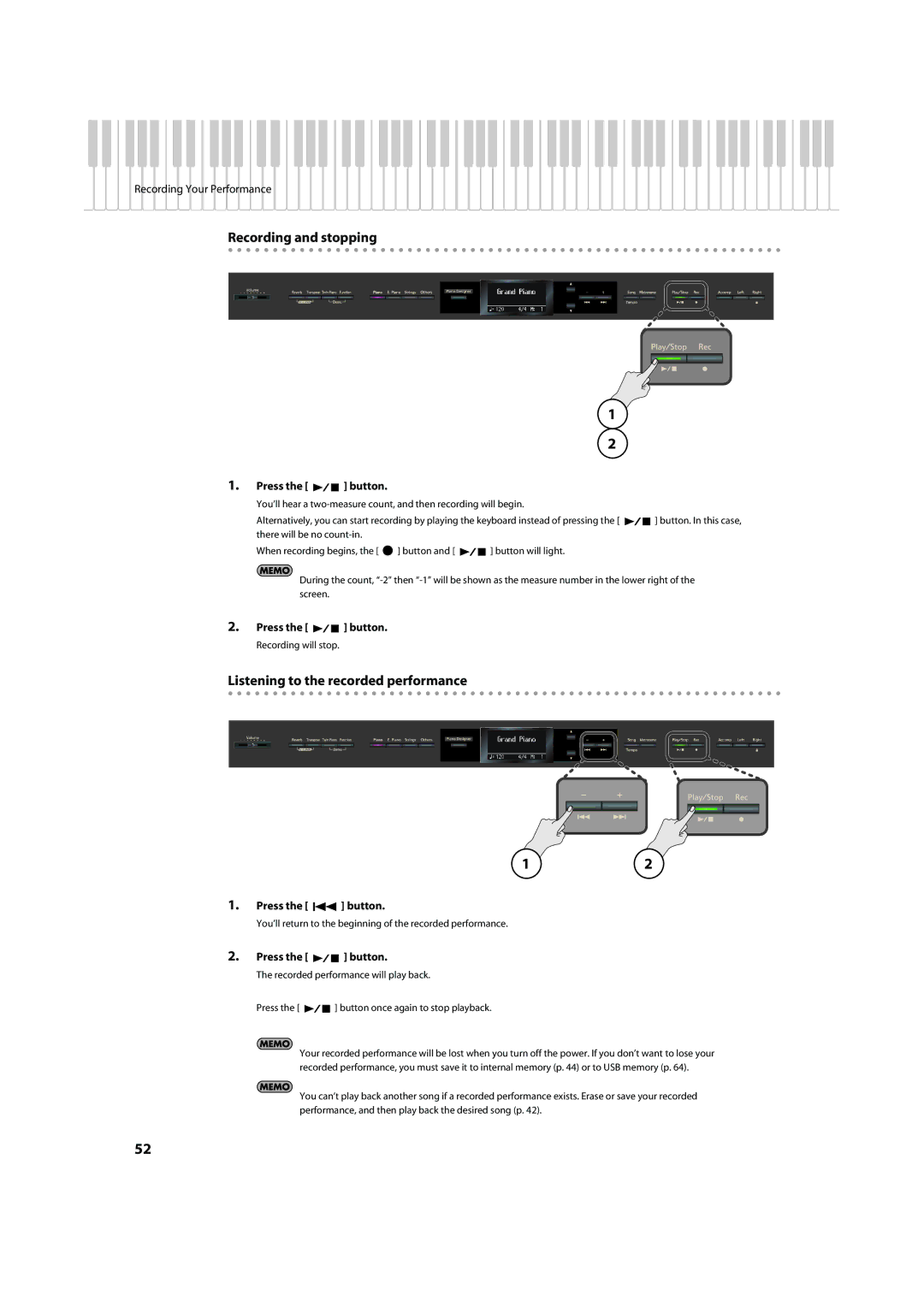 Roland HP-307 important safety instructions Recording and stopping 