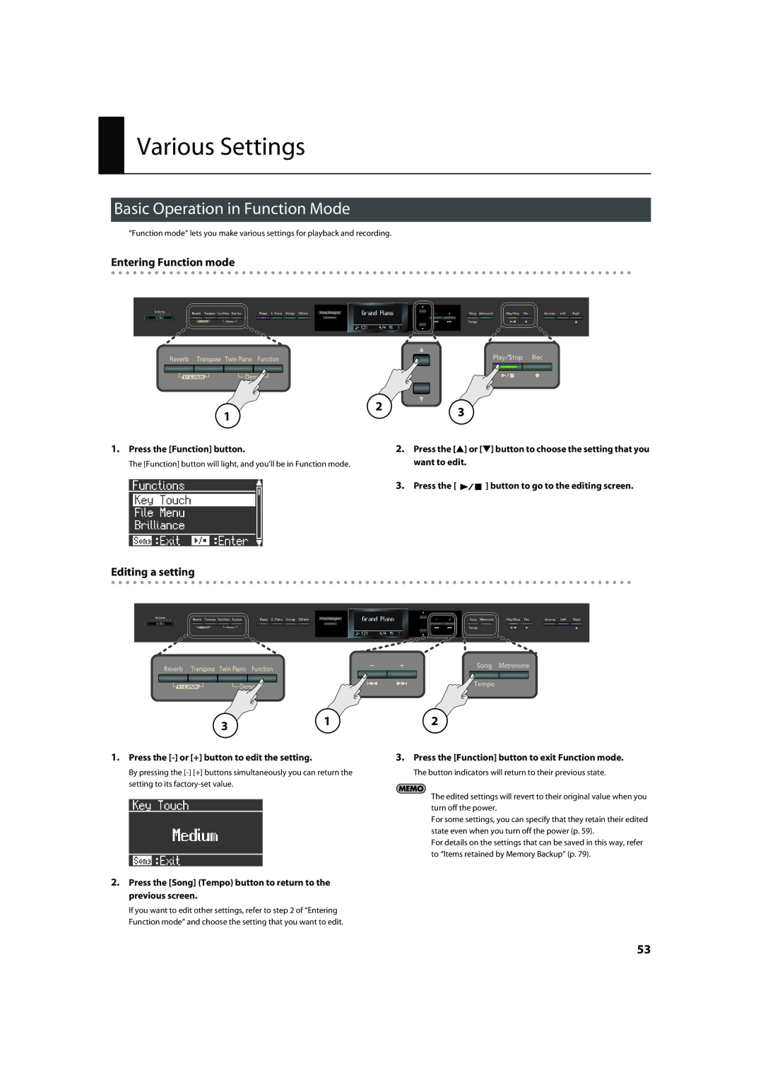 Roland HP-307 Various Settings, Basic Operation in Function Mode, Entering Function mode, Editing a setting 