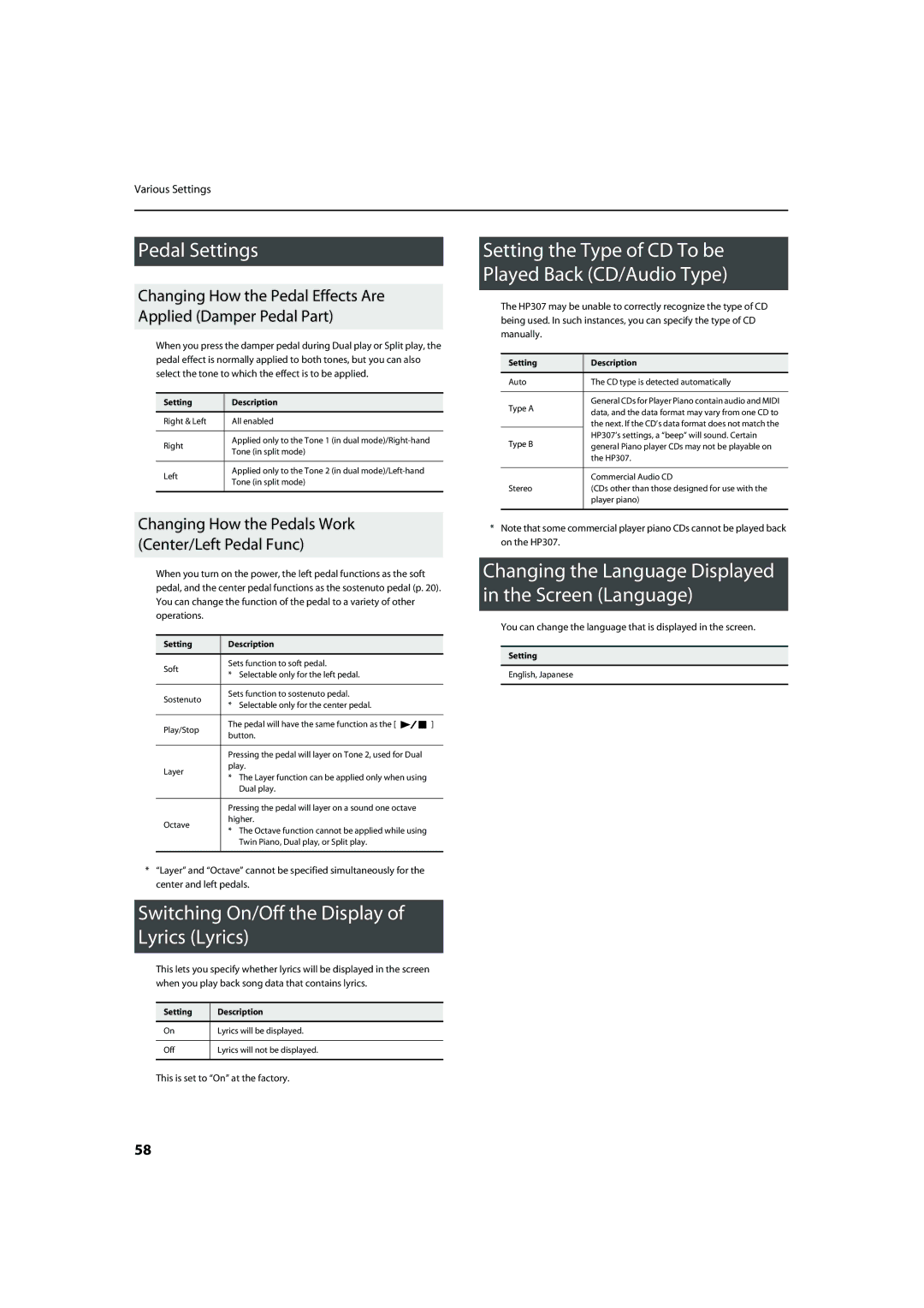 Roland HP-307 important safety instructions Pedal Settings, Switching On/Off the Display of Lyrics Lyrics 