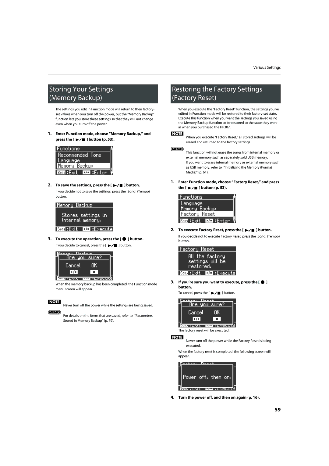 Roland HP-307 Storing Your Settings Memory Backup, Restoring the Factory Settings Factory Reset 