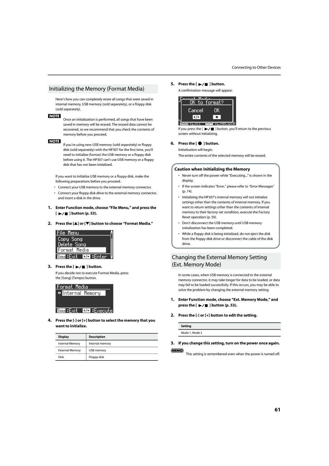 Roland HP-307 Initializing the Memory Format Media, Changing the External Memory Setting Ext. Memory Mode 