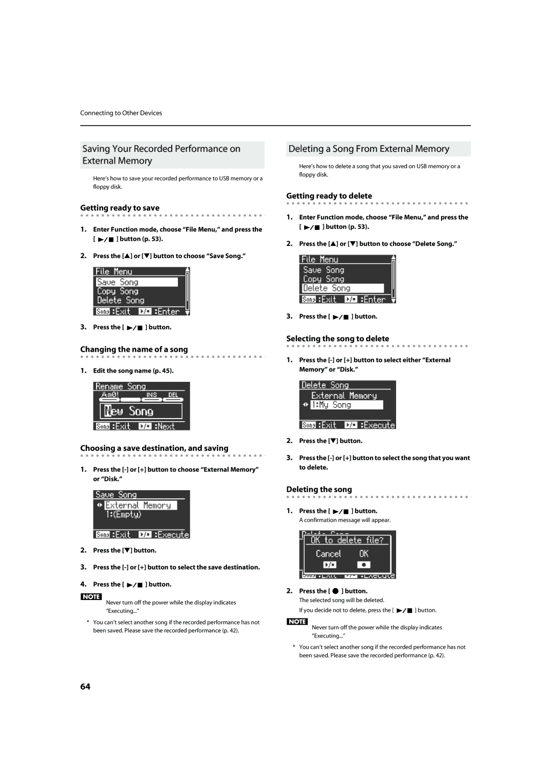 Roland HP-307 Saving Your Recorded Performance on External Memory, Deleting a Song From External Memory 