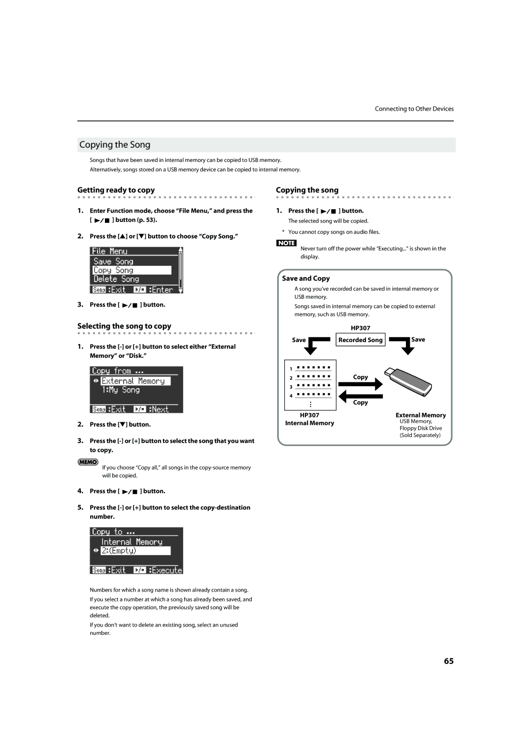 Roland HP-307 Copying the Song, Getting ready to copy, Selecting the song to copy, Copying the song, Save and Copy 