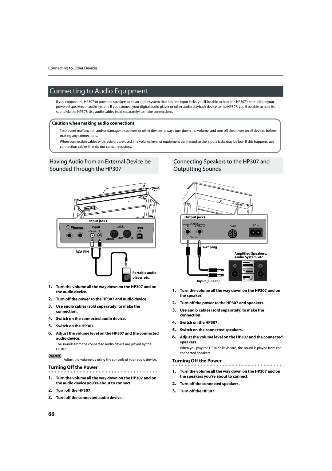 Roland HP-307 Connecting to Audio Equipment, Connecting Speakers to the HP307 and Outputting Sounds, Turning Off the Power 