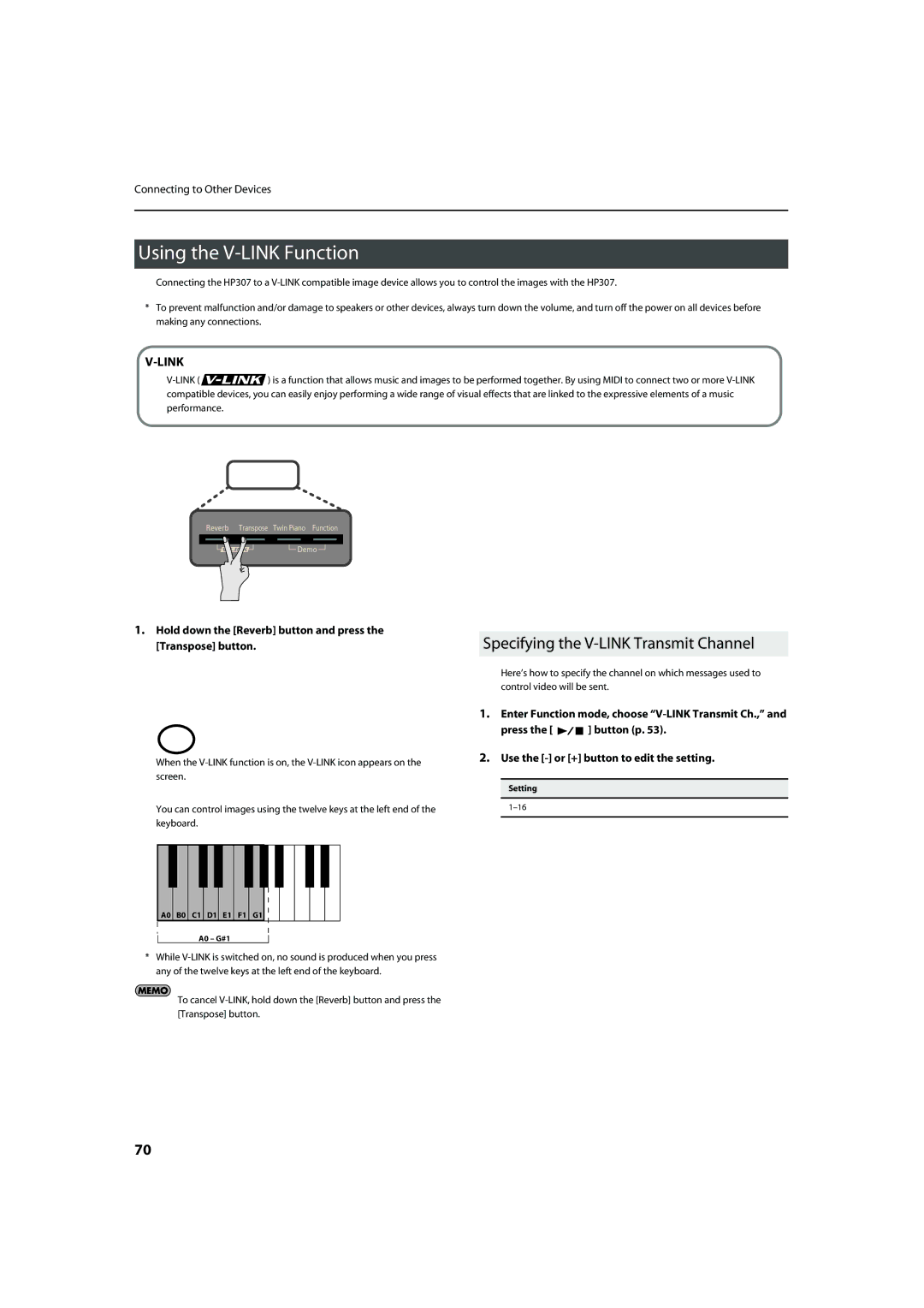 Roland HP-307 Using the V-LINK Function, Specifying the V-LINK Transmit Channel, A0 B0 C1 D1 E1 F1 G1 A0 G#1 