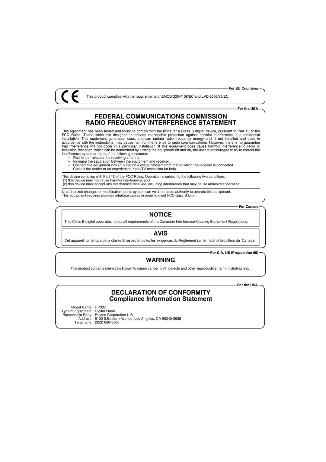 Roland HP-307 important safety instructions Declaration of Conformity 