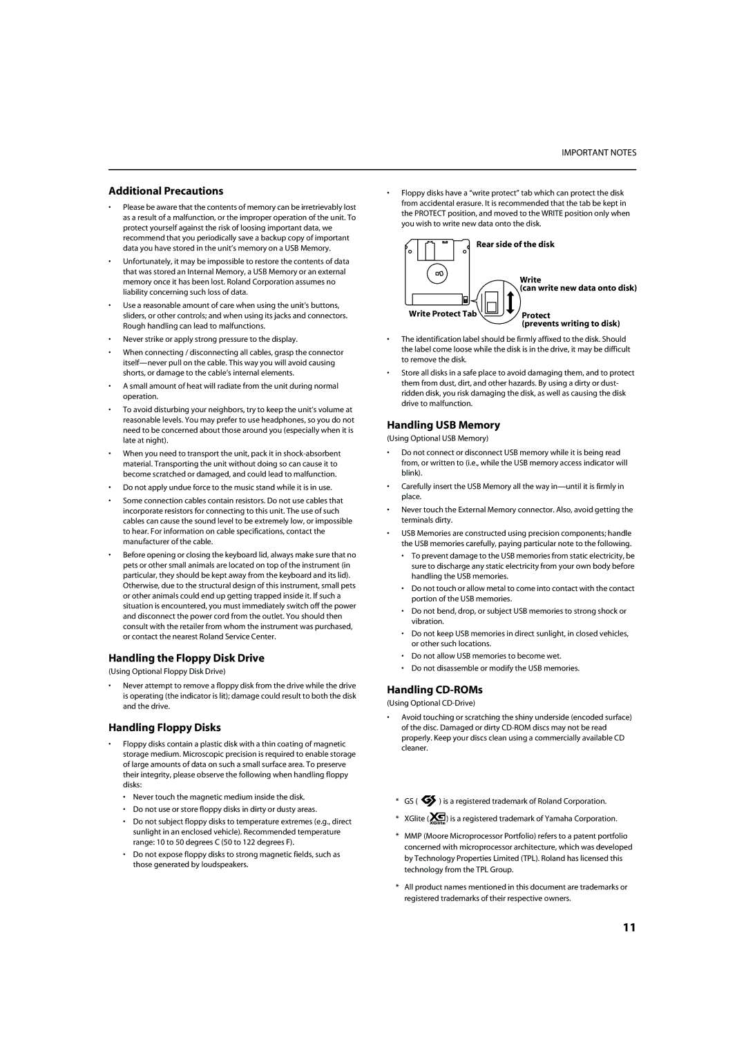 Roland HP-307 Additional Precautions, Handling the Floppy Disk Drive, Handling Floppy Disks, Handling USB Memory 