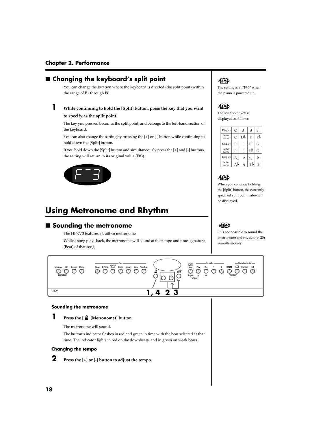 Roland HP-7/3 Using Metronome and Rhythm, Changing the keyboard’s split point, Sounding the metronome, Changing the tempo 