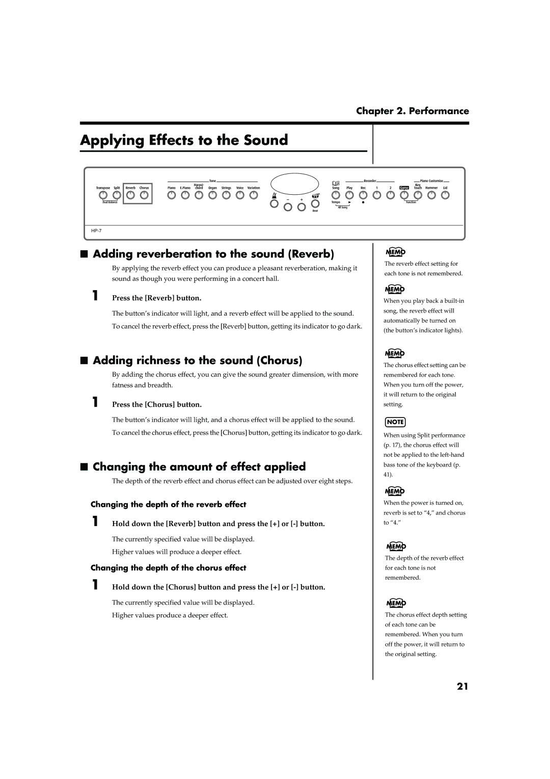 Roland HP-7/3 Applying Effects to the Sound, Adding reverberation to the sound Reverb, Adding richness to the sound Chorus 