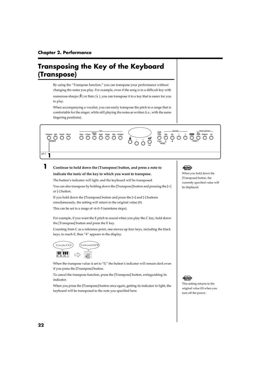 Roland HP-7/3 owner manual Transposing the Key of the Keyboard Transpose, Fig.panel2-6 